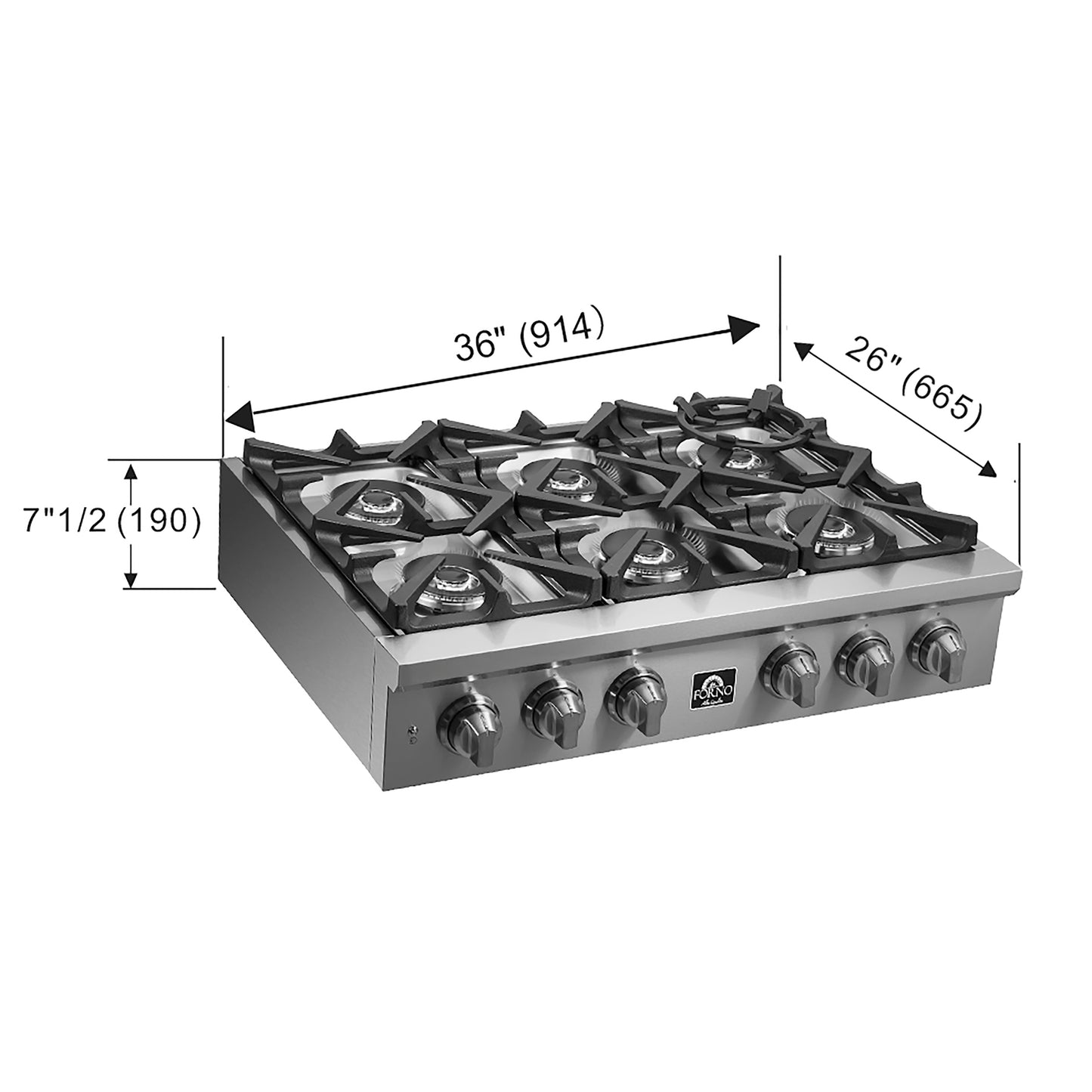 Forno Spezia Alta Qualita 36-Inch Pro-Style Gas Rangetop, Stainless Steel, 6 Sealed Burners, Continuous Cast Iron Grates, High Heat Output - Forno Appliances