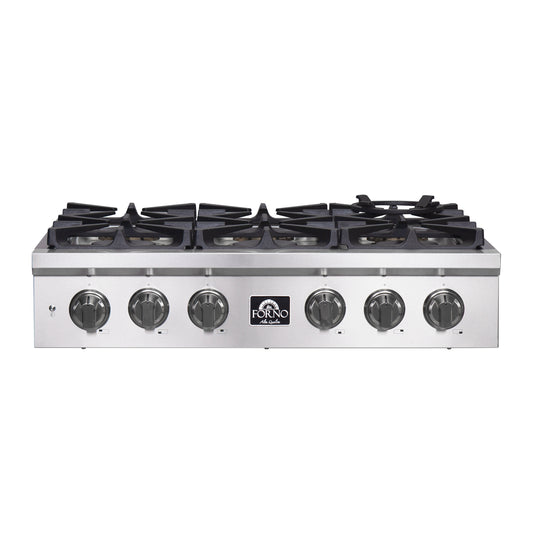 Forno Spezia Alta Qualita 36-Inch Pro-Style Gas Rangetop, Stainless Steel, 6 Sealed Burners, Continuous Cast Iron Grates, High Heat Output - Forno Appliances