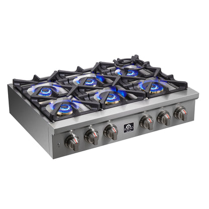 Forno Spezia Alta Qualita 36-Inch Pro-Style Gas Rangetop, Stainless Steel, 6 Sealed Burners, Continuous Cast Iron Grates, High Heat Output - Forno Appliances