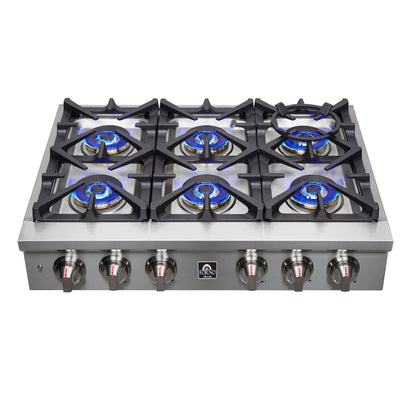 Forno Spezia Alta Qualita 36-Inch Pro-Style Gas Rangetop, Stainless Steel, 6 Sealed Burners, Continuous Cast Iron Grates, High Heat Output - Forno Appliances