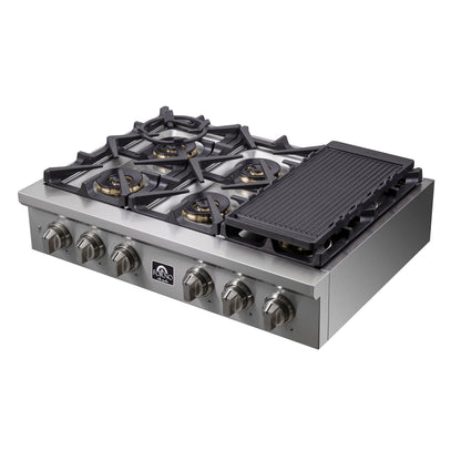Forno Spezia Alta Qualita 36-Inch Pro-Style Gas Rangetop, Stainless Steel, 6 Sealed Burners, Continuous Cast Iron Grates, High Heat Output - Forno Appliances