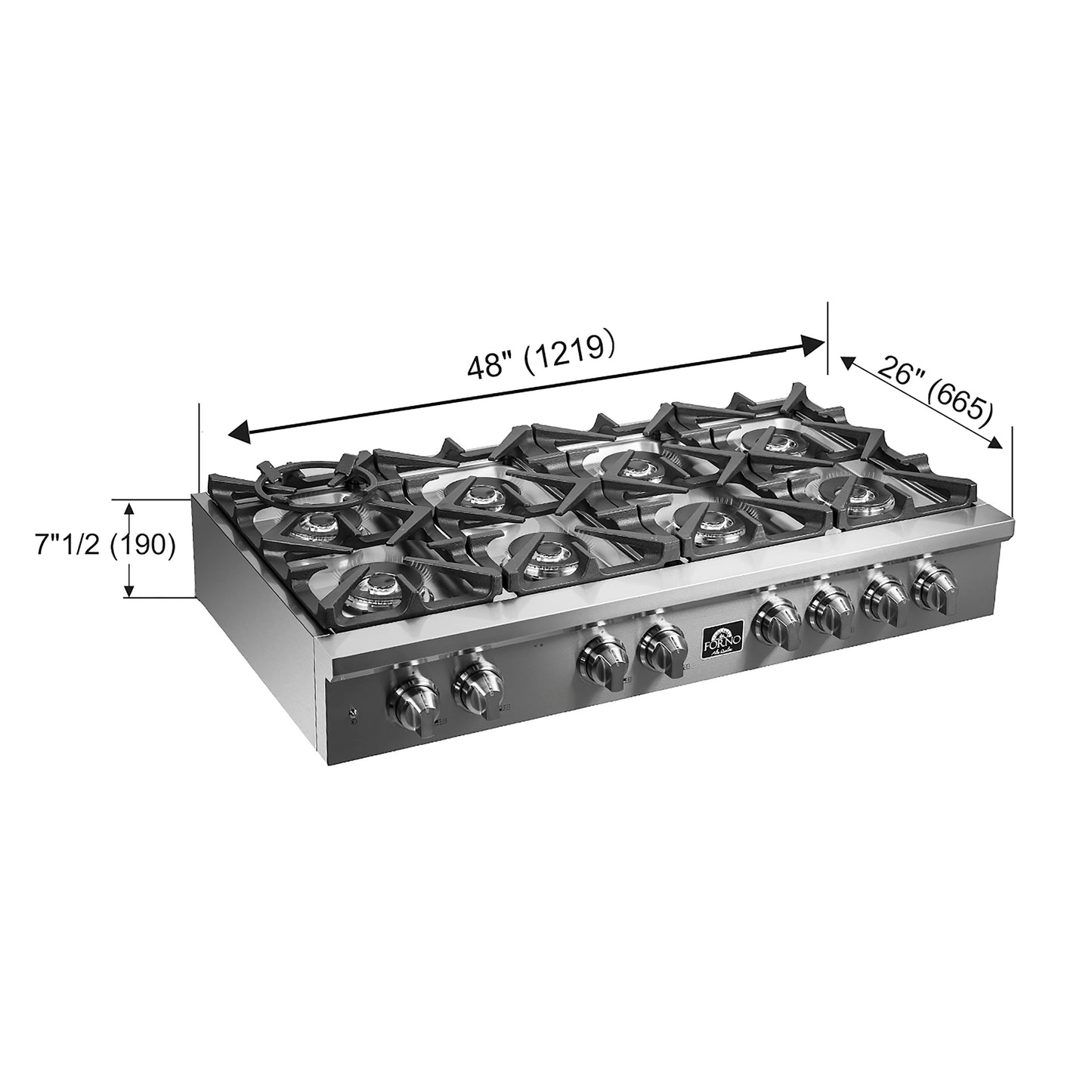 Forno Spezia Alta Qualita 48-Inch Pro-Style Gas Rangetop, Stainless Steel, 8 Sealed Burners, Continuous Cast Iron Grates, High Heat Output - Forno Appliances