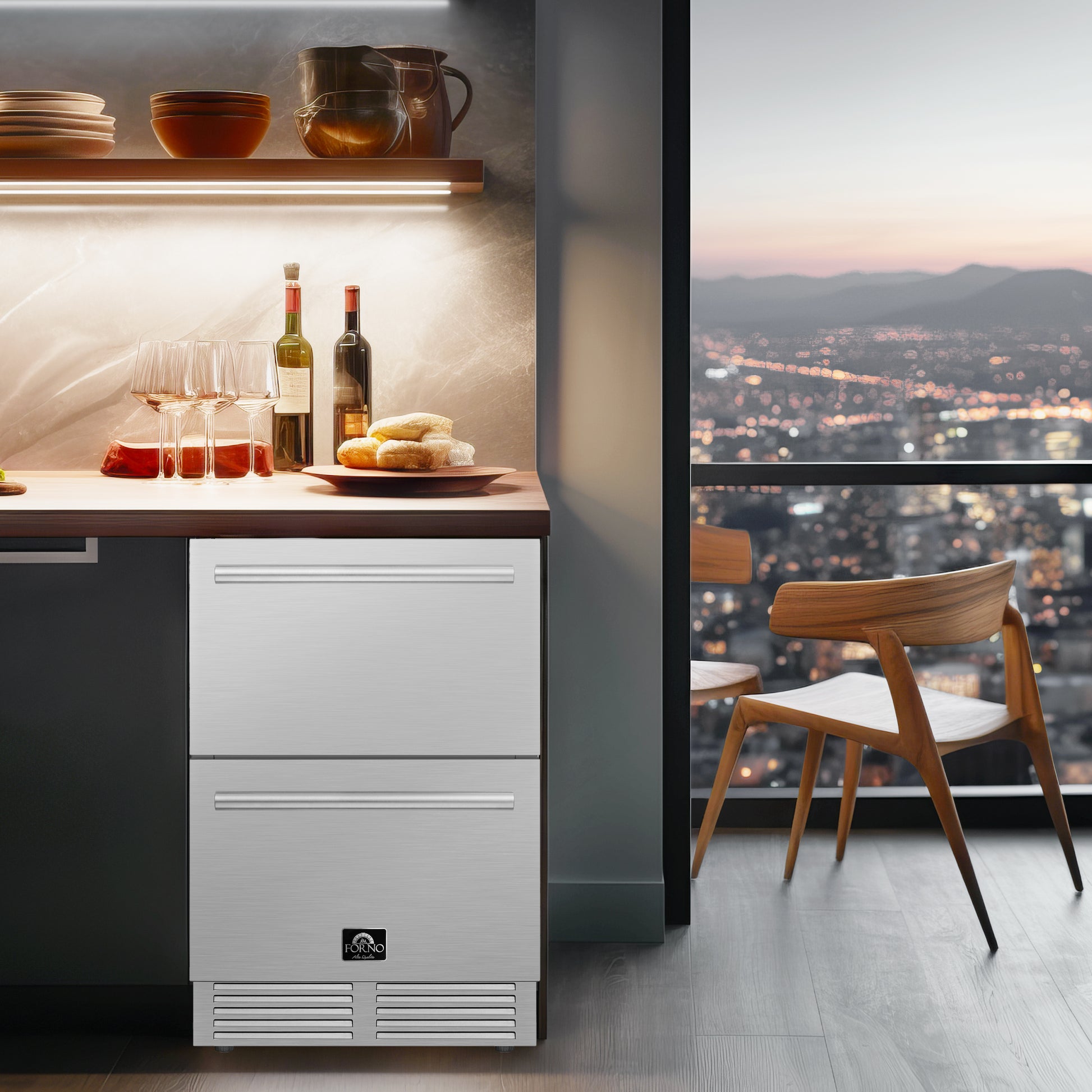Forno Como 24-Inch Indoor Outdoor Drawer Refrigerator, 4.87 cu.ft, Stainless Steel Interior, Adjustable Shelves, LED Lighting - Forno Appliances