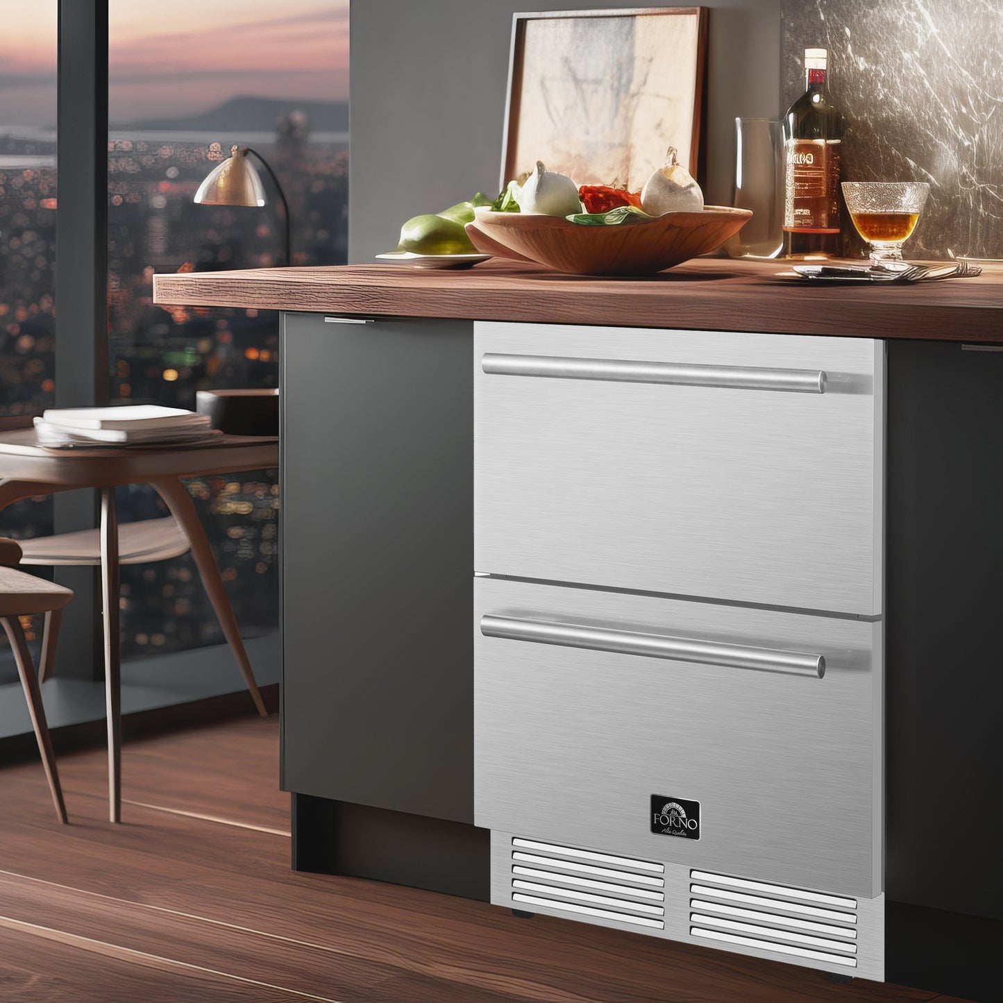 Forno Como 24-Inch Indoor Outdoor Drawer Refrigerator, 4.87 cu.ft, Stainless Steel Interior, Adjustable Shelves, LED Lighting - Forno Appliances