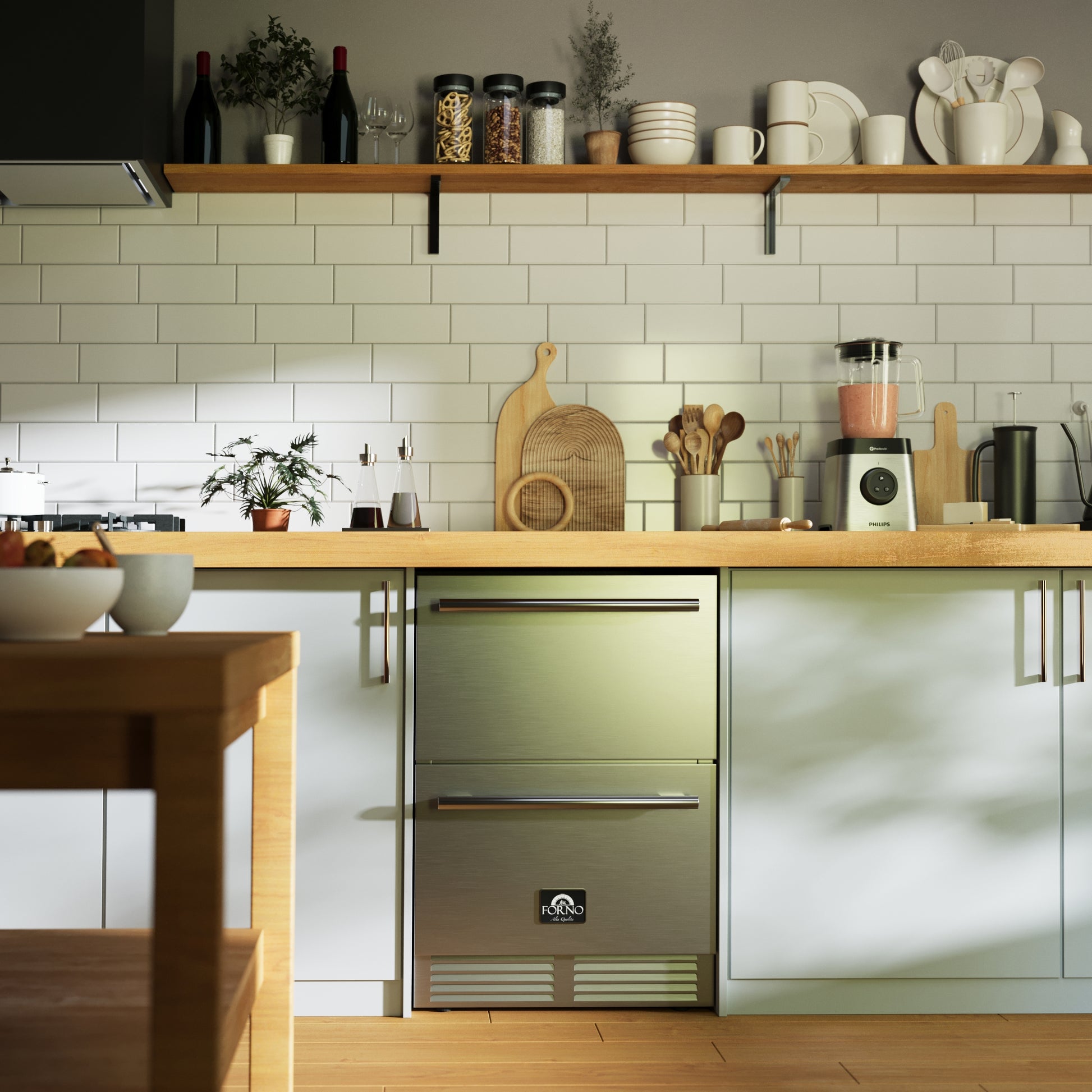Forno Como 24-Inch Indoor Outdoor Drawer Refrigerator, 4.87 cu.ft, Stainless Steel Interior, Adjustable Shelves, LED Lighting - Forno Appliances