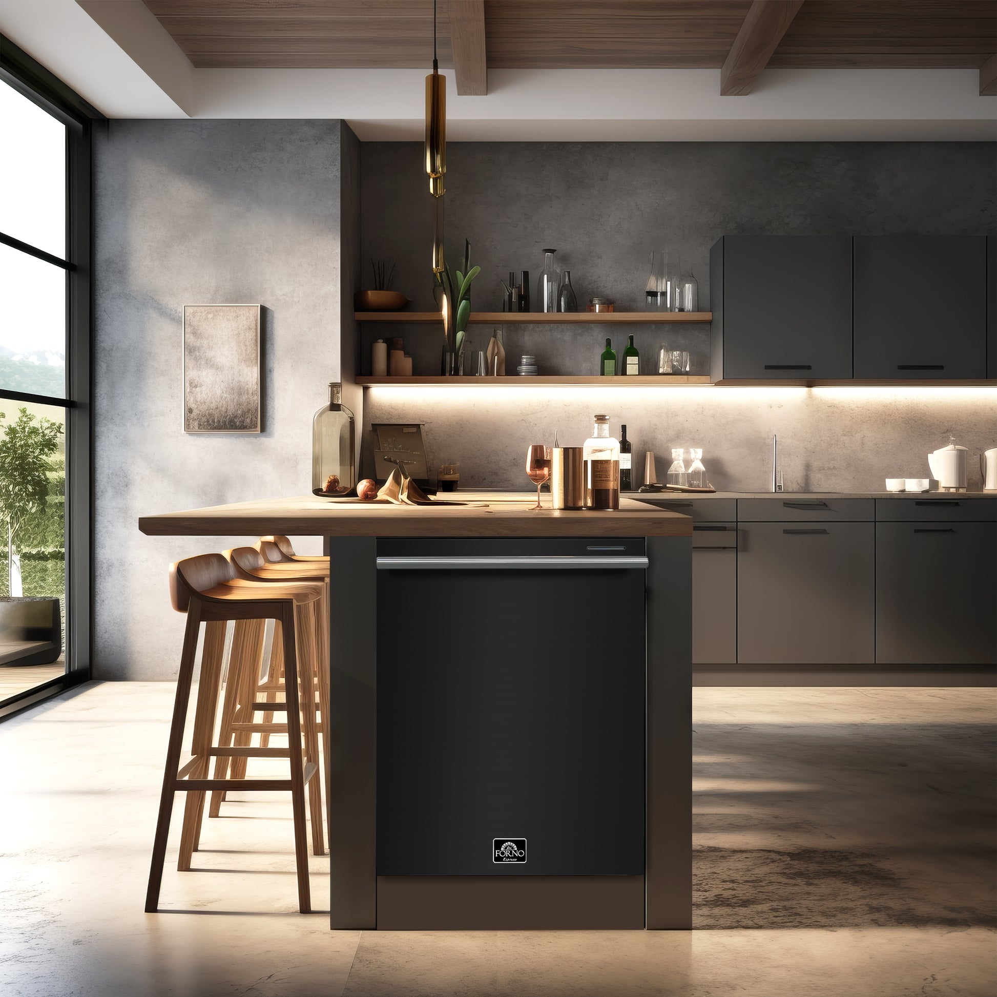 FORNO Premium 4-Piece Kitchen Bundle - Leonardo Espresso 30" Black Range, 30" Black Range Hood, 31" Black Bottom Freezer Refrigerator, 24" Black Built-In Dishwasher - FBDL-006-02CA - Forno Appliances