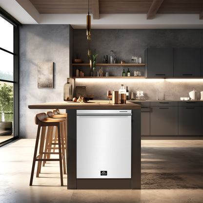 FORNO Premium 4-Piece Kitchen Bundle - Leonardo Espresso 30" White Range, 30" White Range Hood, 31" White Bottom Freezer Refrigerator, 24" White Built-In Dishwasher - FBDL-006-03CA