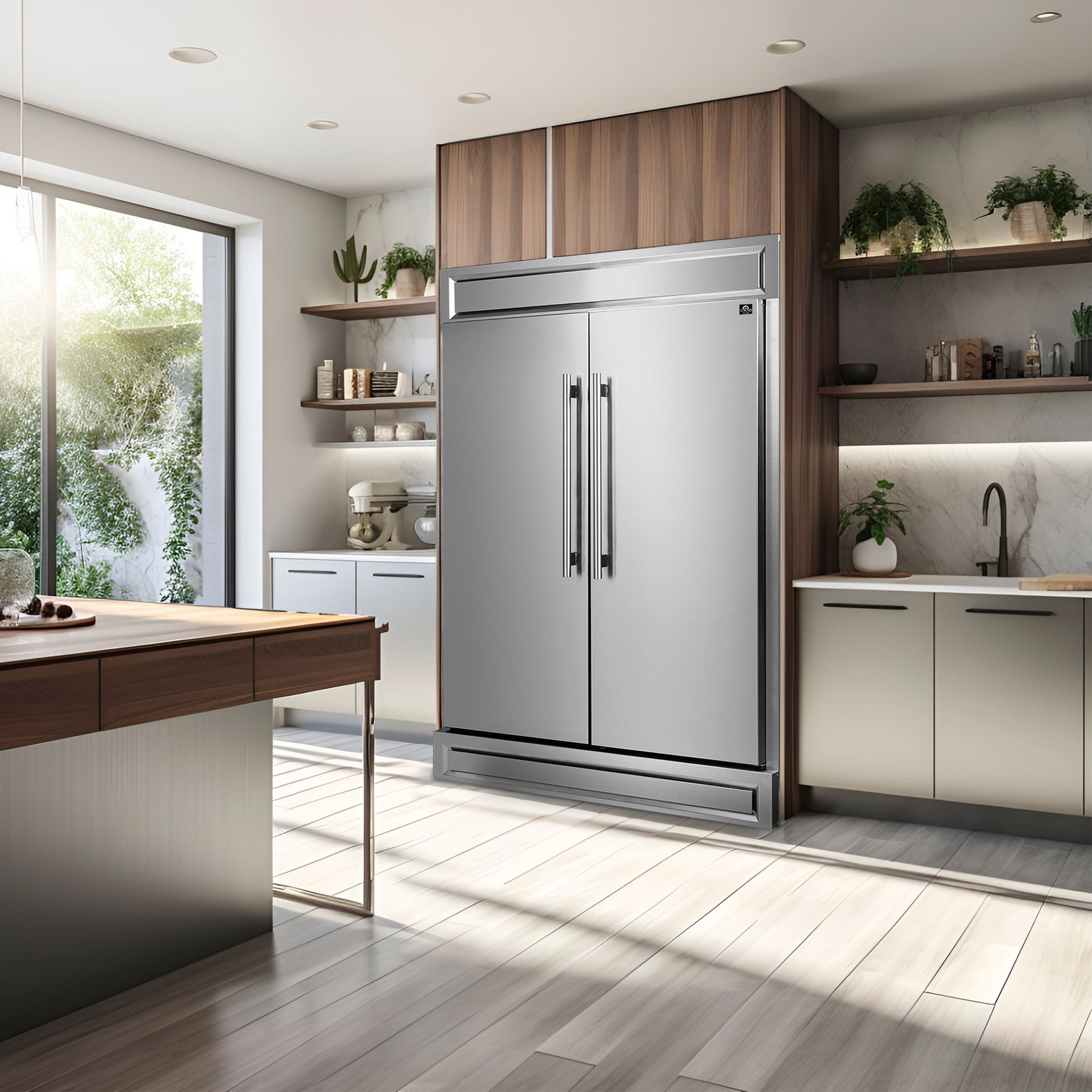 FORNO Premium 3-Piece Kitchen Bundle - FORNO Galiano 48" Freestanding Gas Range, FORNO Maderno 60" 2-Piece Convertible Refrigerator/Freezer Built-In with Decorative Grill Trim, 27.2 cu.ft., FORNO Orvieto 48" Wall Mount Range Hood - FBDL-018-04CAUS - Forno Appliances