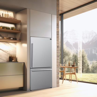 Réfrigérateur Forno Milano Espresso à congélateur en bas de 31-Inch, acier inoxydable, capacité 17.2 cu.ft, porte à ouverture à droite, économe en énergie - Forno Appliances