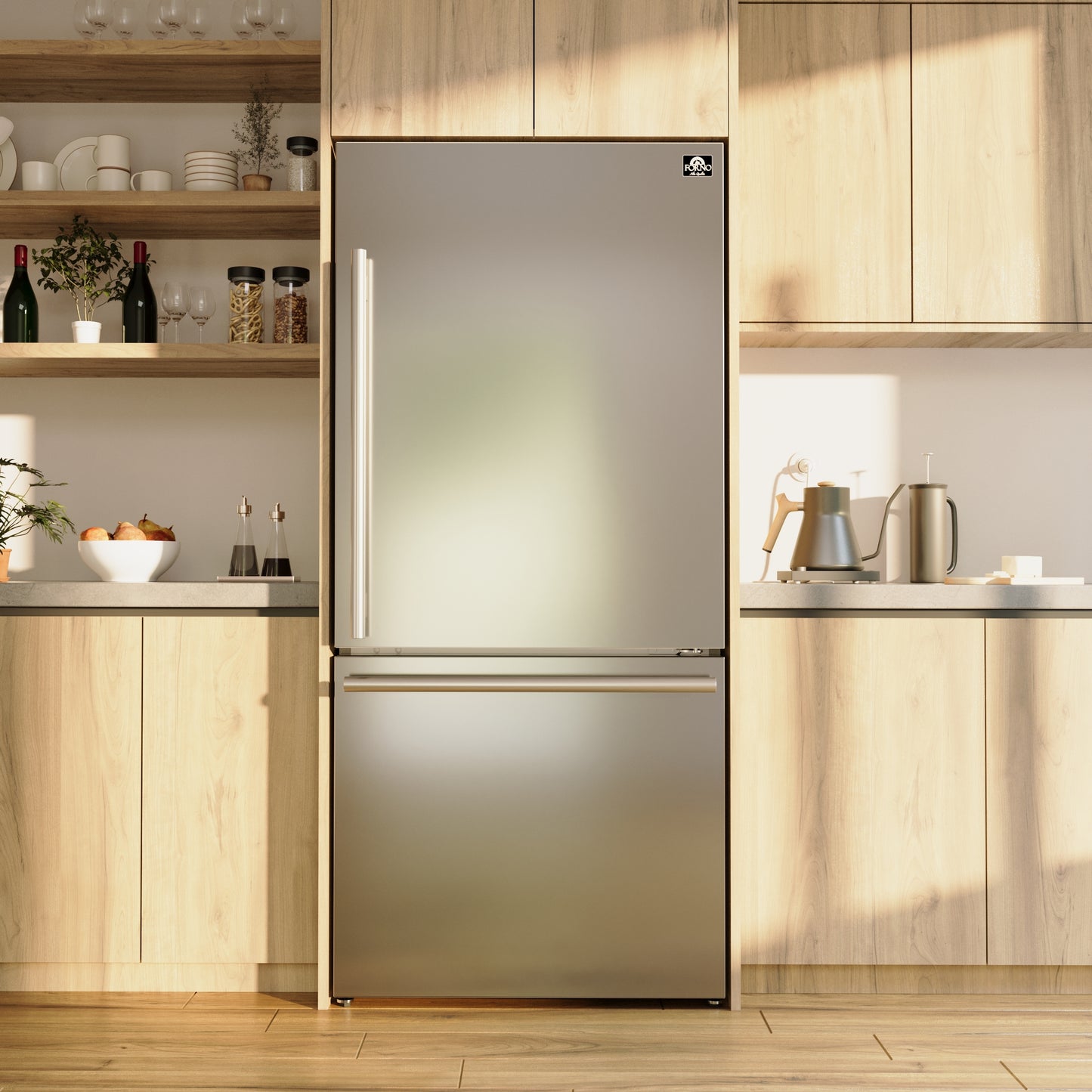 Réfrigérateur-congélateur inférieur Forno Milano Espresso 31 pouces, acier inoxydable, capacité de 17,2 pi³, porte à ouverture vers la droite, économe en énergie - Forno Appliances