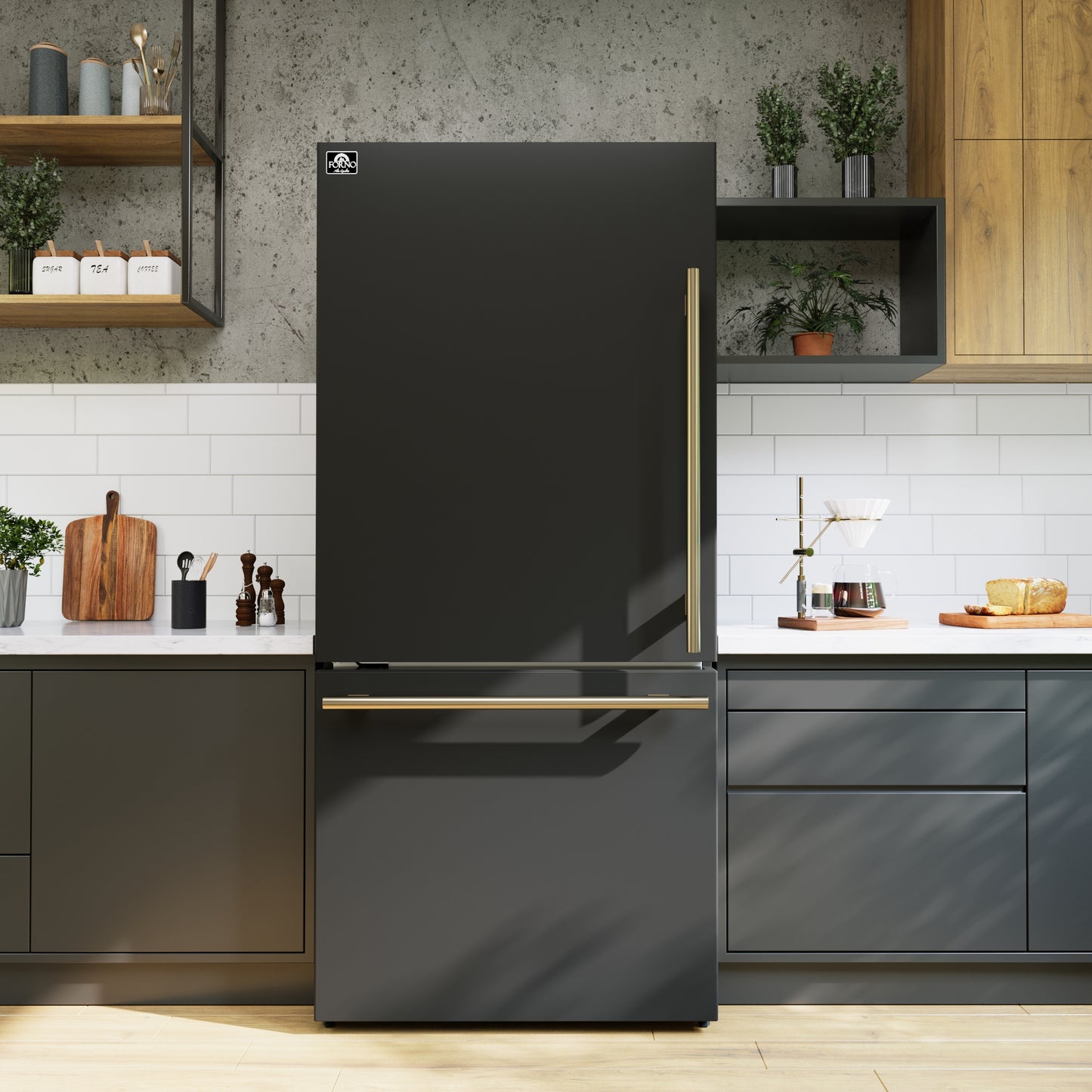 Réfrigérateur Forno Milano Espresso noir de 31-Inch avec congélateur en bas, 17.2 Cu. Ft., écoénergétique, sans givre, machine à glaçons intégrée - Forno Appliances