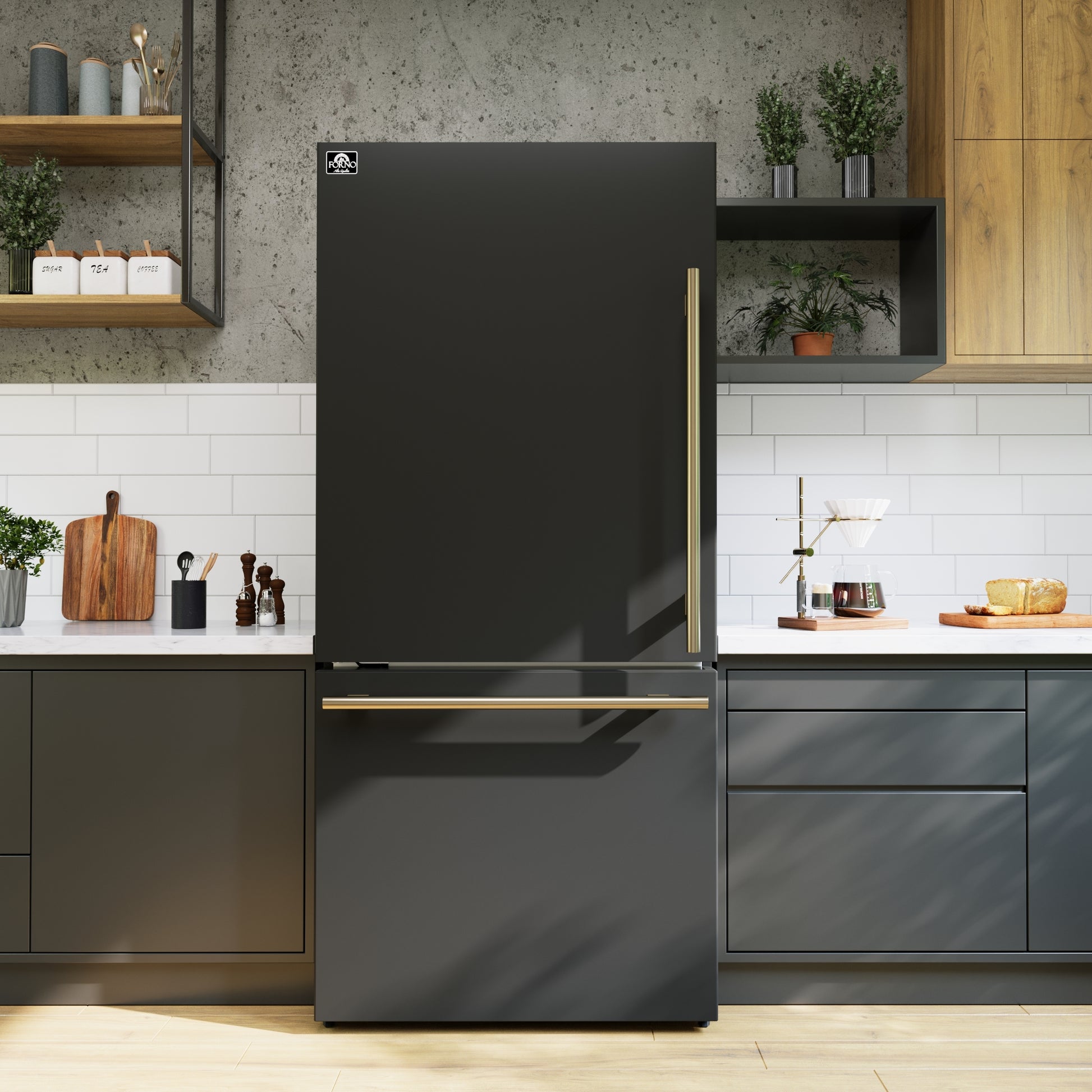 Réfrigérateur Forno Milano Espresso noir de 31-Inch avec congélateur en bas, 17.2 Cu. Ft., écoénergétique, sans givre, machine à glaçons intégrée - Forno Appliances