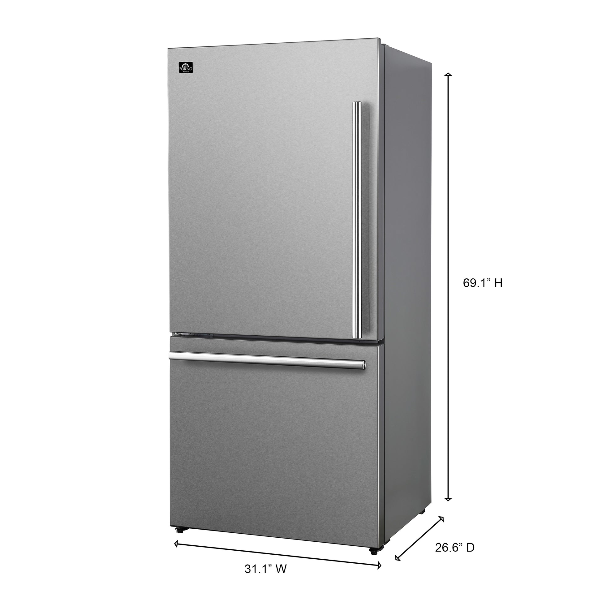 Forno Milano Espresso 31-Inch Stainless Steel Bottom Freezer Refrigerator, 17.2 cu.ft., Built-In Ice Maker, ENERGY STAR - Forno Appliances