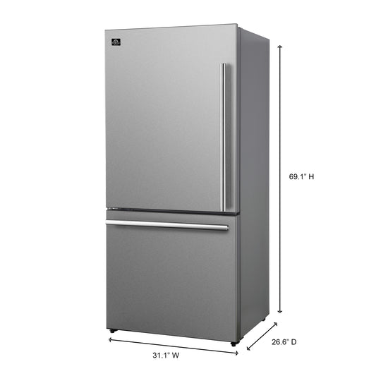 Forno Milano Espresso 31-Inch Stainless Steel Bottom Freezer Refrigerator, 17.2 cu.ft., Built-In Ice Maker, ENERGY STAR - Forno Appliances