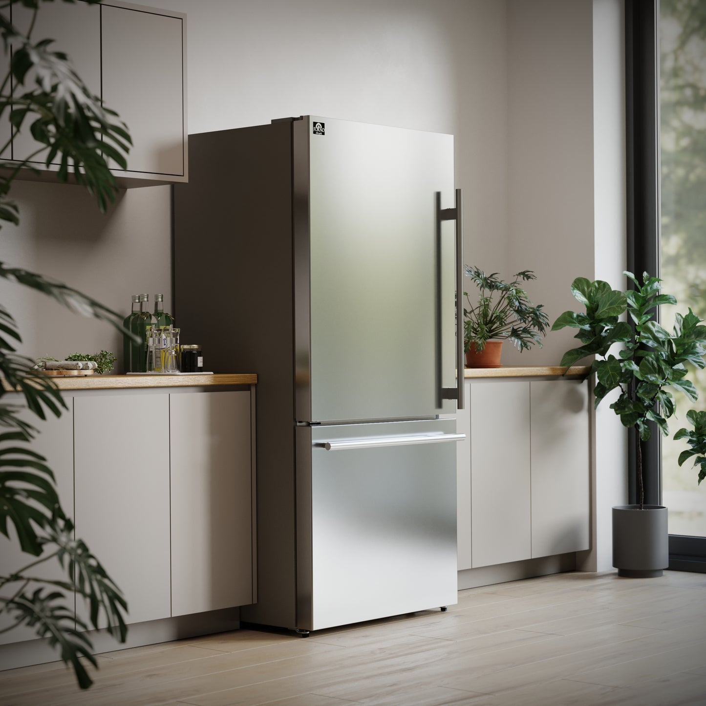 Réfrigérateur à congélateur en bas Forno Milano Espresso en acier inoxydable de 31 pouces, 17.2 cu.ft., machine à glaçons intégrée, ENERGY STAR - Forno Appliances