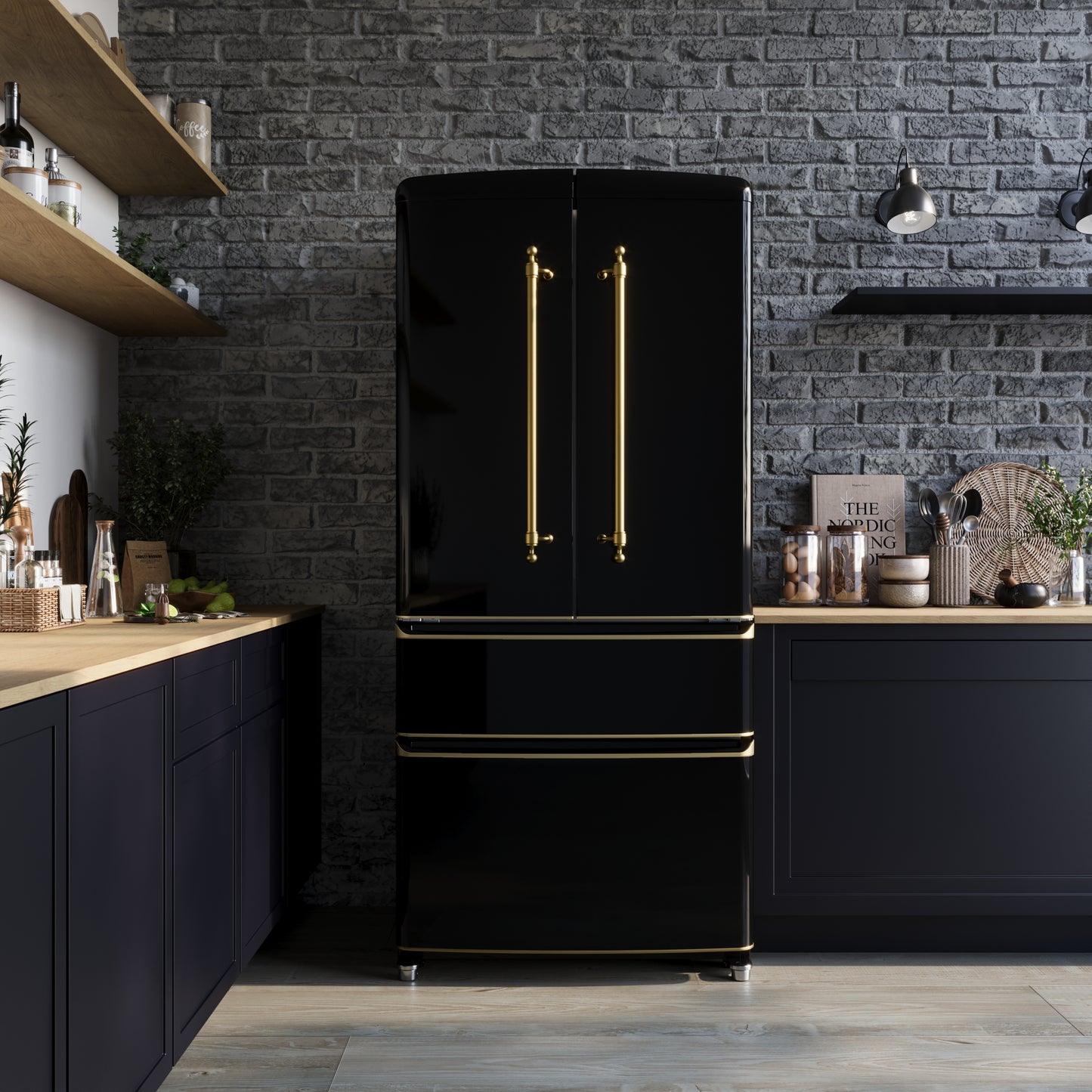 Forno Luigi 33-Inch French Door Refrigerator, 18 cu.ft, Black Finish, Antique Brass Handles, ENERGY STAR Certified - Forno Appliances