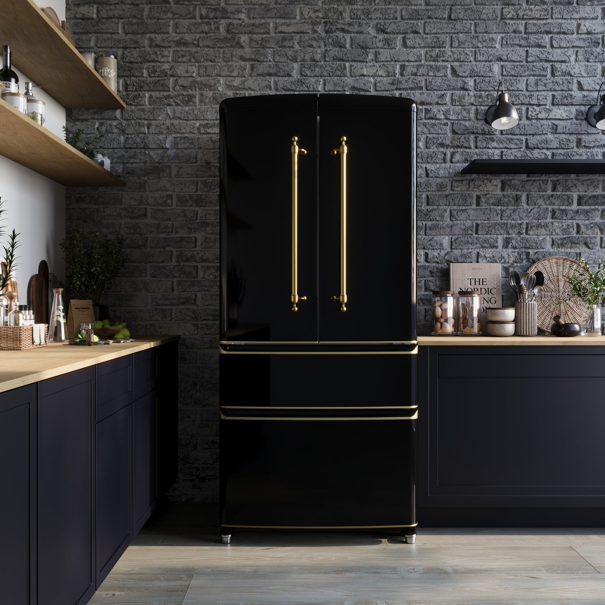Forno Luigi 33-Inch French Door Refrigerator, 18 cu.ft, Black Finish, Antique Brass Handles, ENERGY STAR Certified - Forno Appliances