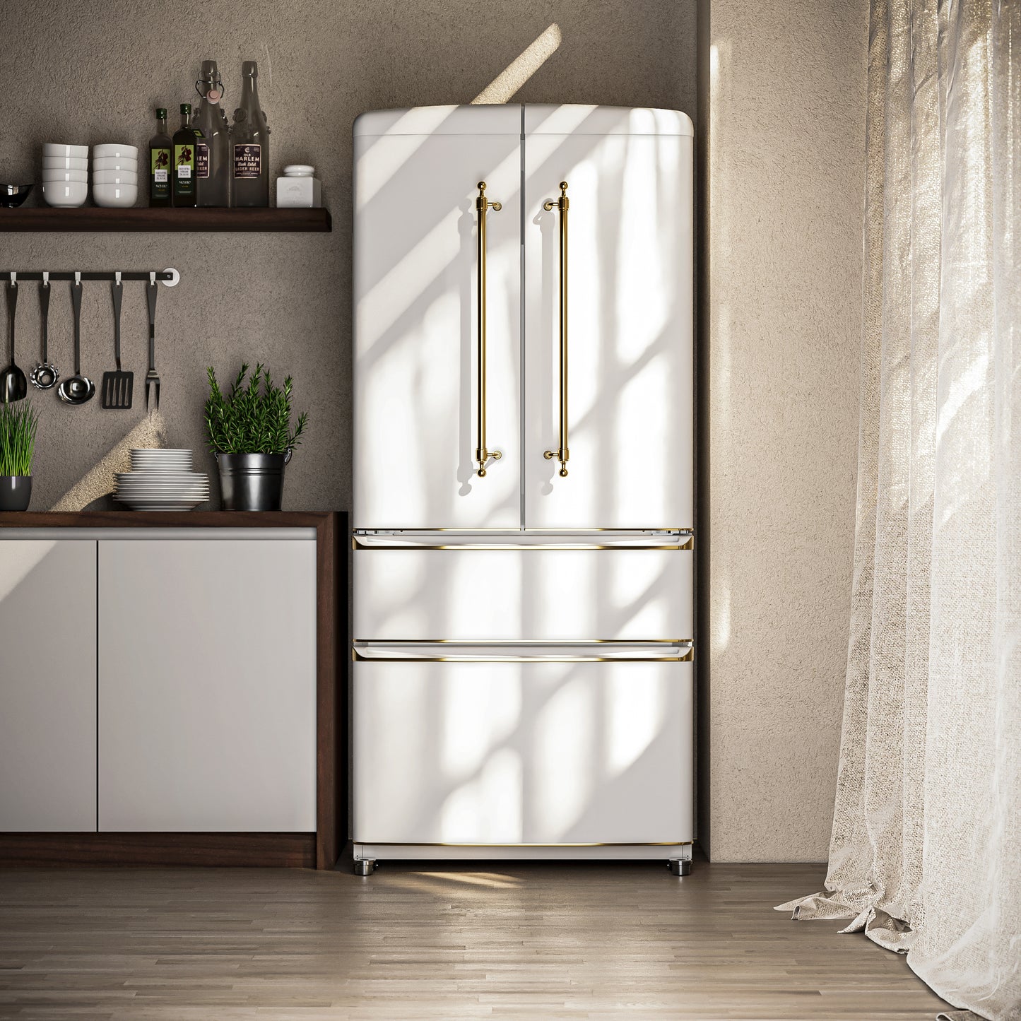 Forno Luigi 33-Inch French Door Refrigerator, 18 cu.ft, White Finish, Antique Brass Handles, ENERGY STAR Certified - Forno Appliances