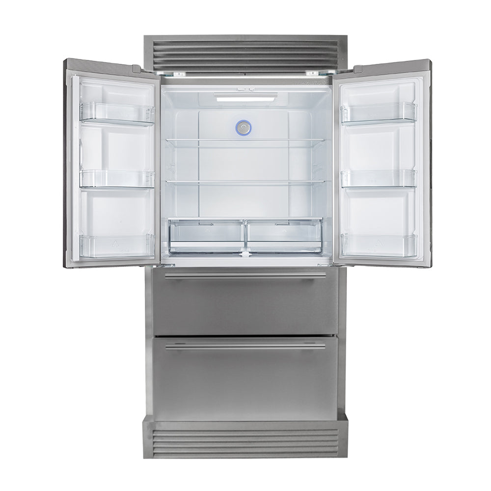 FORNO Premium 2-Piece Kitchen Bundle - Galiano 36" Stainless Steel Range, Forno Moena 36" French Door 19.2 cu. ft Stainless Steel Refrigerator, with Decorative Grill - 40" Wide - FBDL-019-03CAUS - Forno Appliances