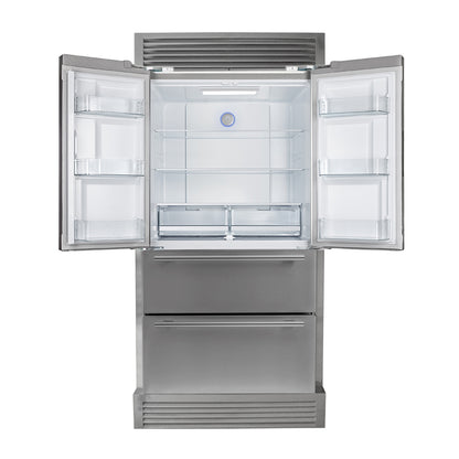 FORNO Premium 2-Piece Kitchen Bundle - Galiano 36" Stainless Steel Range, Forno Moena 36" French Door 19.2 cu. ft Stainless Steel Refrigerator, with Decorative Grill - 40" Wide - FBDL-019-03CAUS - Forno Appliances