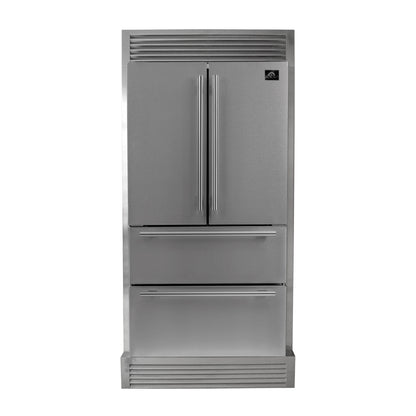 FORNO Premium 2-Piece Kitchen Bundle - Galiano 36" Stainless Steel Range, Forno Moena 36" French Door 19.2 cu. ft Stainless Steel Refrigerator, with Decorative Grill - 40" Wide - FBDL-019-03CAUS - Forno Appliances