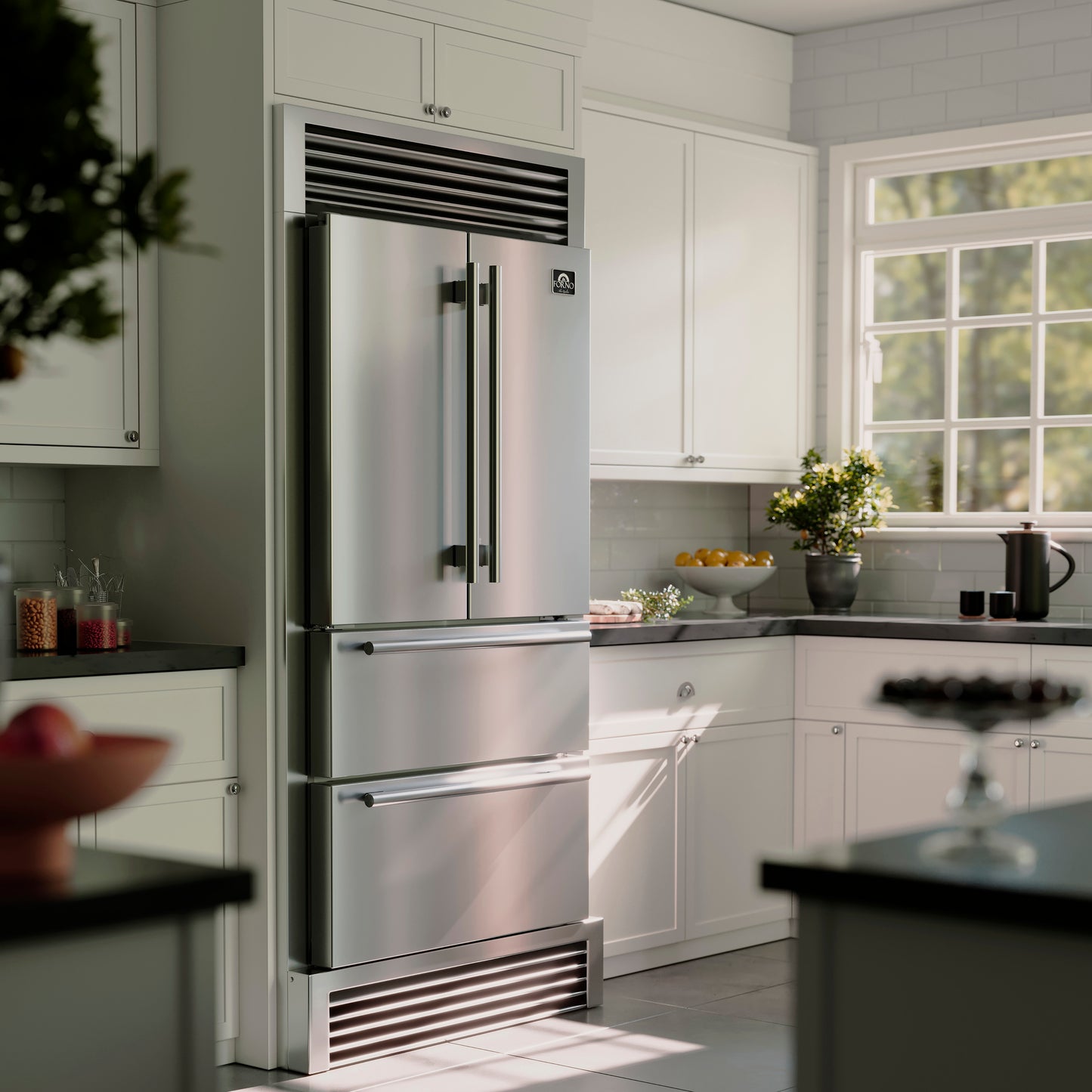 Forno Moena 40-Inch French Door Refrigerator, Stainless Steel, 19.2 cu.ft, Decorative Grill, ENERGY STAR Certified - Forno Appliances
