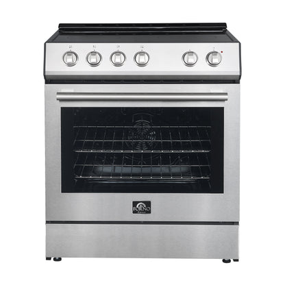 FORNO Premium 4-Piece Kitchen Bundle - 30" Electric Range, 30" Range Hood, 31" French Door Refrigerator, 24" Built-In Dishwasher, Stainless Steel - FBDL-010-01CA - Forno Appliances