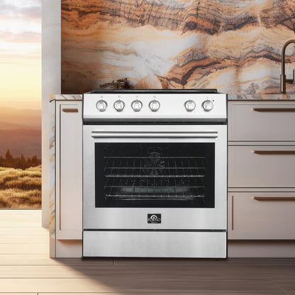 FORNO Ensemble cuisine premium 4 pièces - cuisinière électrique 30 po, hotte 30 po, réfrigérateur à portes françaises 31 po, lave-vaisselle encastré 24 po, acier inoxydable - FBDL-010-01CA - Forno Appliances