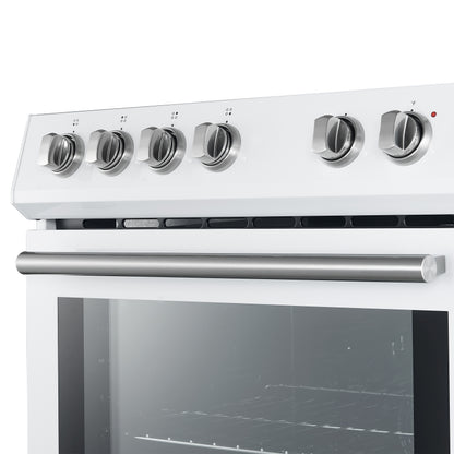 FORNO Premium 4-Piece Kitchen Bundle - Leonardo Espresso 30" White Range, 30" White Range Hood, 31" White Bottom Freezer Refrigerator, 24" White Built-In Dishwasher - FBDL-006-03CA