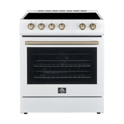 FORNO Premium 3-Piece Kitchen Bundle - Leonardo Espresso 30" White Range, 30" White Range Hood, 31" White Refrigerator - FBDL-001-03CA - Forno Appliances