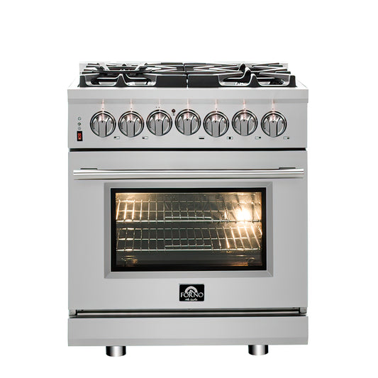 FORNO 3-Piece SS Kitchen Bundle - 30" Gas Range, 31" French Door Refrigerator and 30" Range Hood - Forno Appliances