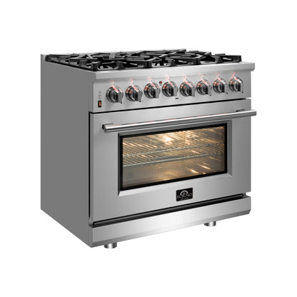 FORNO 3-Piece SS Kitchen Bundle - 30" Gas Range, 31" French Door Refrigerator and 30" Range Hood - Forno Appliances