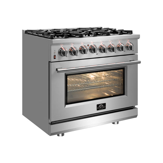 FORNO 3-Piece SS Kitchen Bundle - 30" Gas Range, 31" French Door Refrigerator and 30" Range Hood - Forno Appliances