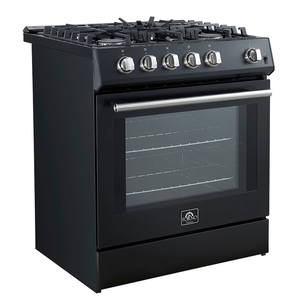 Forno Leonardo Espresso 30-Inch Black Gas Range, 5 Burners, 39,500 BTU, 5 cu.ft Convection Oven - Forno Appliances