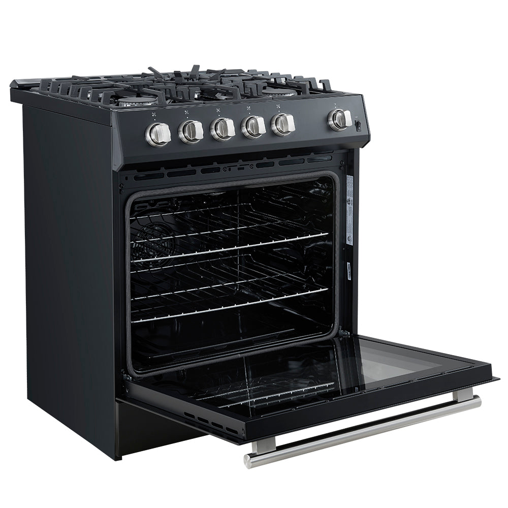 Forno Leonardo Espresso 30-Inch Black Gas Range, 5 Burners, 39,500 BTU, 5 cu.ft Convection Oven - Forno Appliances