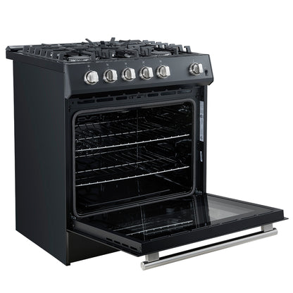 Forno Leonardo Espresso 30-Inch Black Gas Range, 5 Burners, 39,500 BTU, 5 cu.ft Convection Oven - Forno Appliances