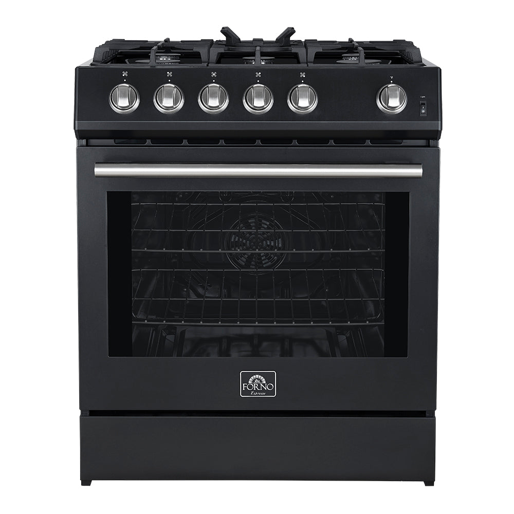 Forno Leonardo Espresso 30-Inch Black Gas Range, 5 Burners, 39,500 BTU, 5 cu.ft Convection Oven - Forno Appliances
