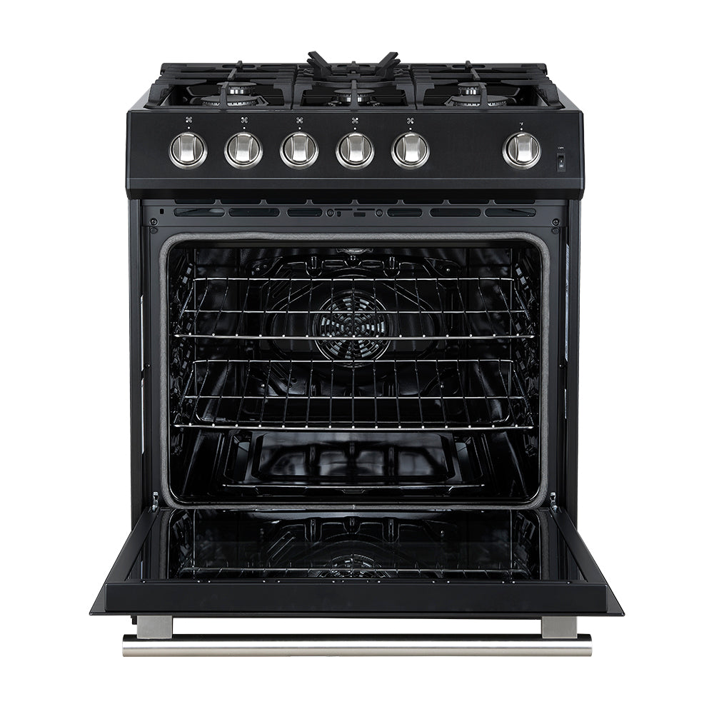 Forno Leonardo Espresso 30-Inch Black Gas Range, 5 Burners, 39,500 BTU, 5 cu.ft Convection Oven - Forno Appliances