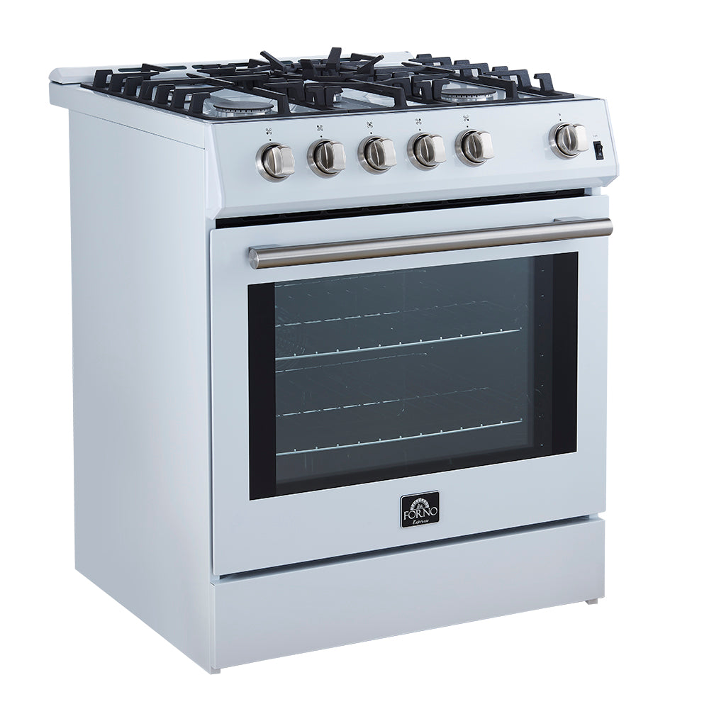 Forno Leonardo Espresso 30-Inch White Gas Range, 5 Burners, 39,500 BTU, 5 cu.ft Convection Oven - Forno Appliances