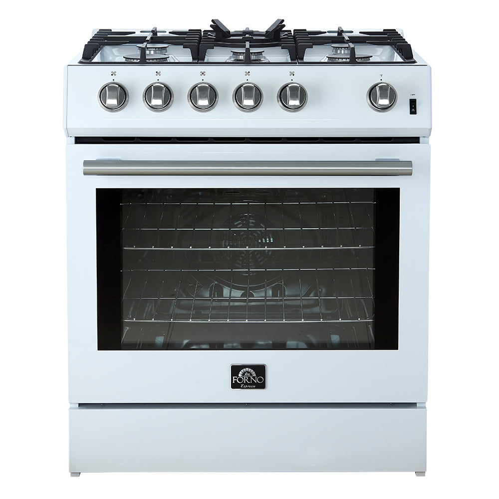 Forno Leonardo Espresso 30-Inch White Gas Range, 5 Burners, 39,500 BTU, 5 cu.ft Convection Oven - Forno Appliances