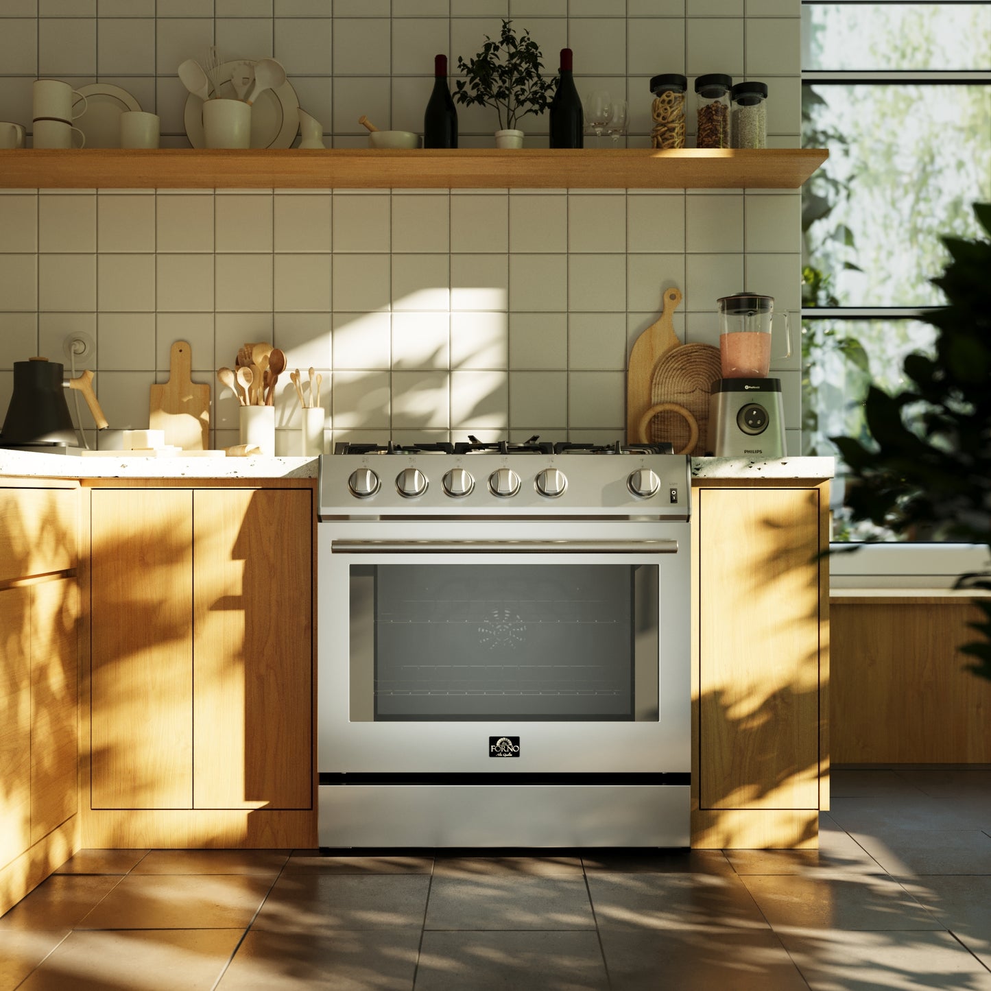 Forno Leonardo 30-Inch Stainless Steel Gas Range, 5 Sealed Burners (Totaling 39,500 BTU), 5 cu.ft. Convection Oven, Continuous Cast Iron Grates, Black Enamel Interior, Auto Re-Ignition, LP Conversion Kit Included - Forno Appliances