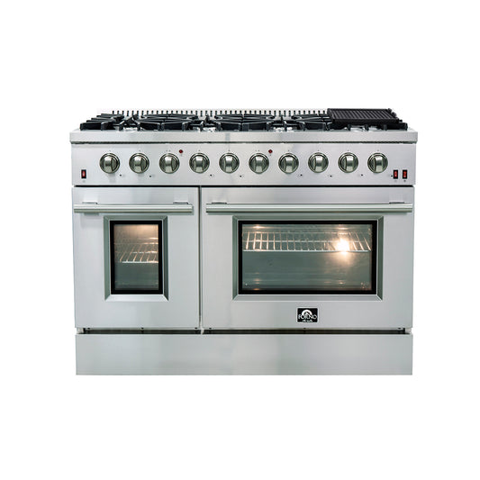 Forno Galiano 48-Inch Freestanding Gas Range, Stainless Steel, 8 Burners, 107,000 BTU, Griddle, Double Ovens, Energy Efficient - Forno Appliances