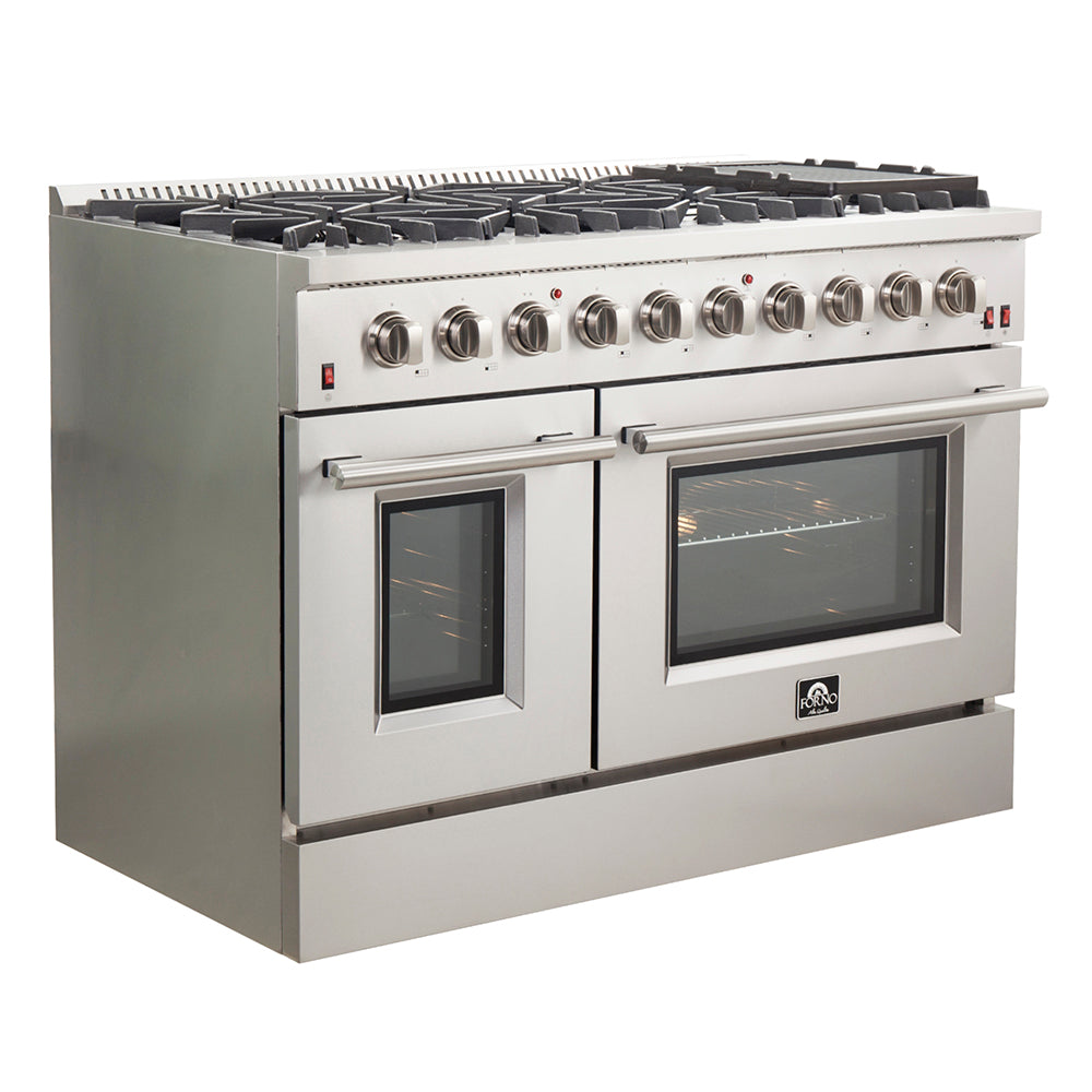 Forno Galiano 48-Inch Freestanding Gas Range, Stainless Steel, 8 Burners, 107,000 BTU, Griddle, Double Ovens, Energy Efficient - Forno Appliances