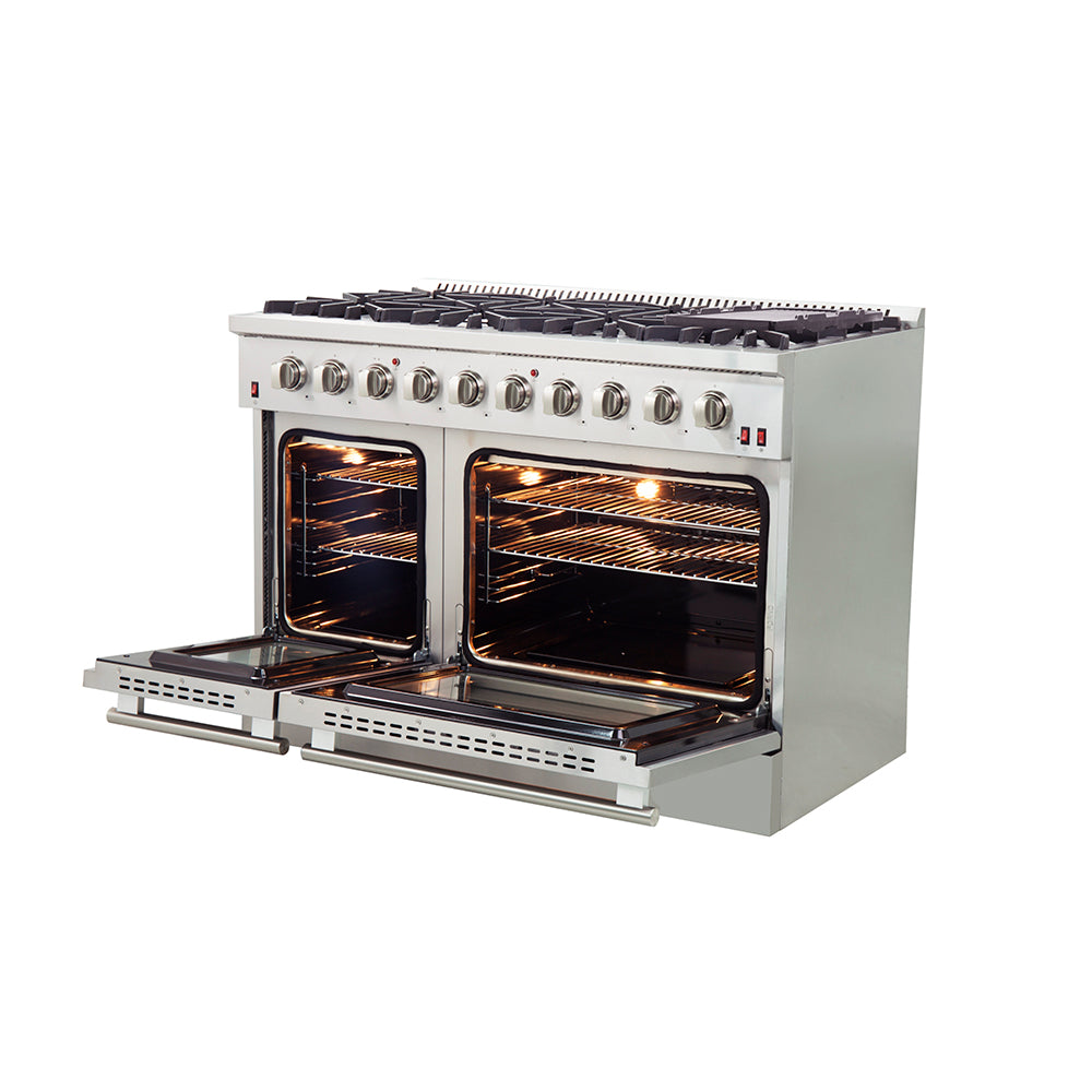 Forno Galiano 48-Inch Freestanding Gas Range, Stainless Steel, 8 Burners, 107,000 BTU, Griddle, Double Ovens, Energy Efficient - Forno Appliances
