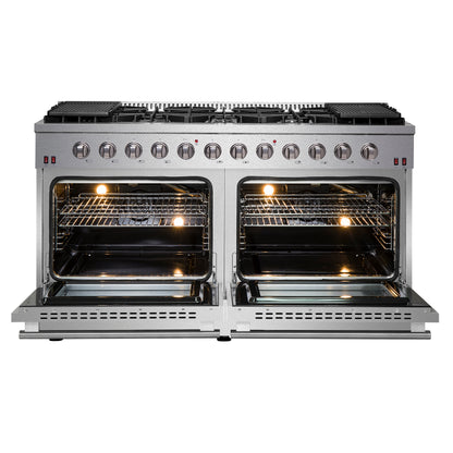 Cuisinière à gaz autoportante Forno Galiano de 60 pouces, 10 brûleurs, double four, plaque de cuisson, économe en énergie - Forno Appliances