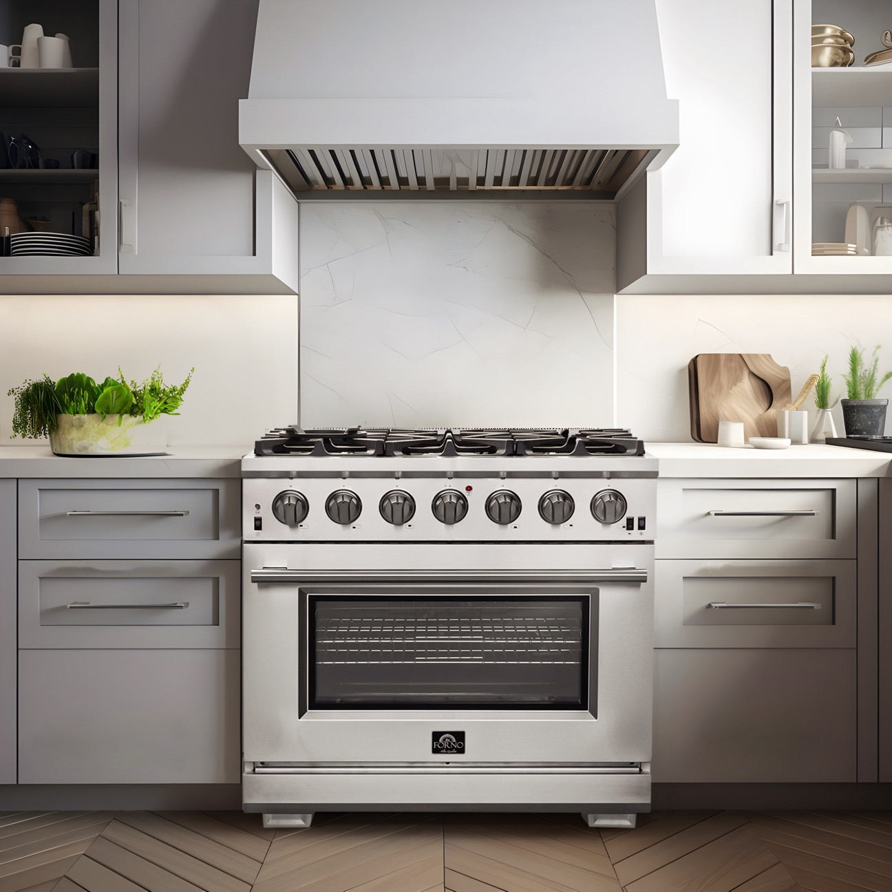 Cuisinière à gaz Forno Capriasca de 36 pouces, acier inoxydable, 6 brûleurs en laiton, 120 000 BTU, four à convection, économe en énergie