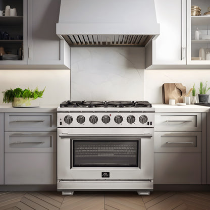 Cuisinière à gaz Forno Capriasca de 36 pouces, acier inoxydable, 6 brûleurs en laiton, 120 000 BTU, four à convection, économe en énergie