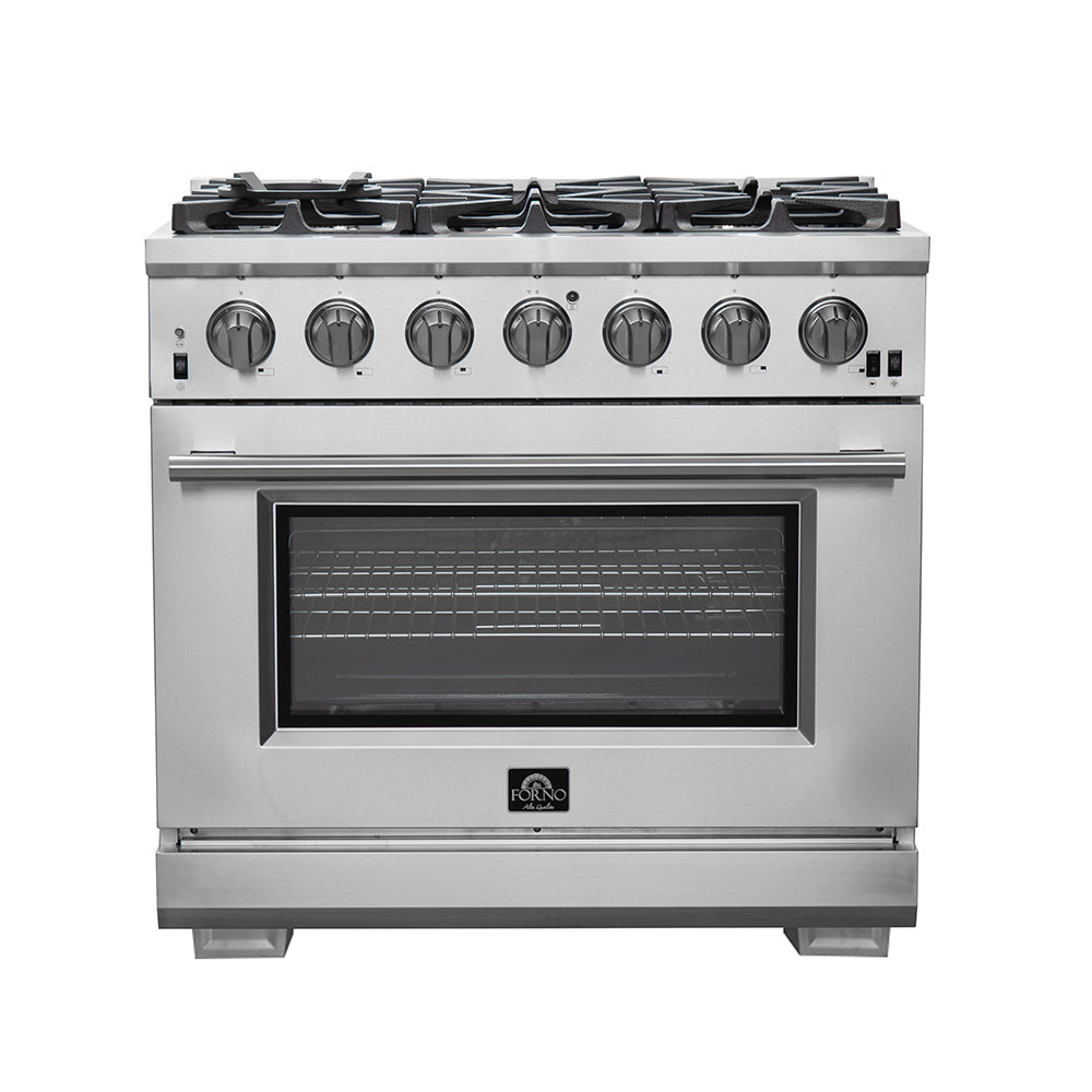 FORNO Premium 2-Piece Kitchen Bundle - Galiano 36" Stainless Steel Range, Forno Moena 36" French Door 19.2 cu. ft Stainless Steel Refrigerator, with Decorative Grill - 40" Wide - FBDL-019-03CAUS - Forno Appliances
