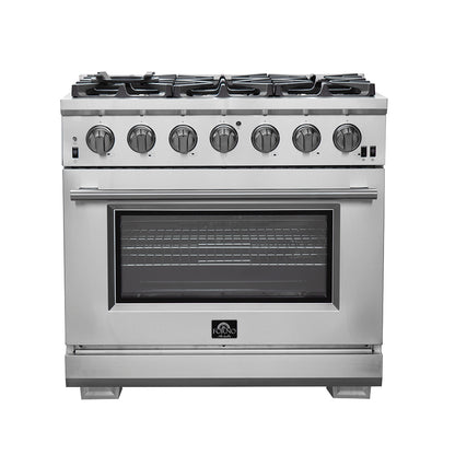 FORNO Premium 2-Piece Kitchen Bundle - Galiano 36" Stainless Steel Range, Forno Moena 36" French Door 19.2 cu. ft Stainless Steel Refrigerator, with Decorative Grill - 40" Wide - FBDL-019-03CAUS - Forno Appliances