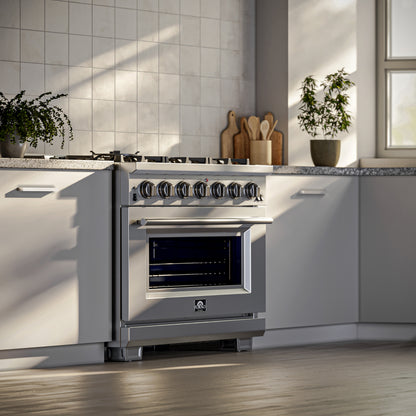 Cuisinière à gaz Forno Capriasca de 36 pouces, acier inoxydable, 6 brûleurs en laiton, 120 000 BTU, four à convection, économe en énergie